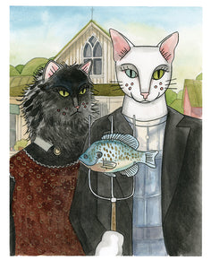 American Gothic with cats contemporary art print