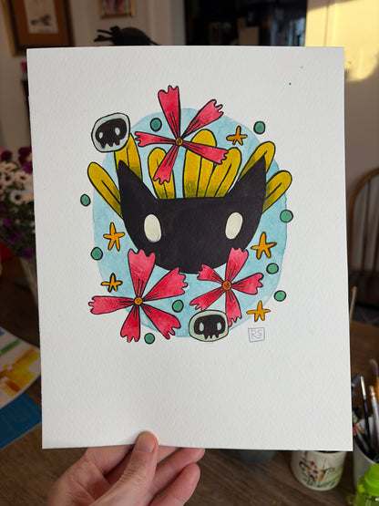 Cat with Pink Flower Illustration