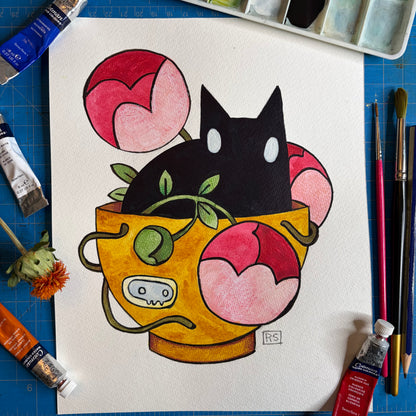 Cat with Peonies Illustration