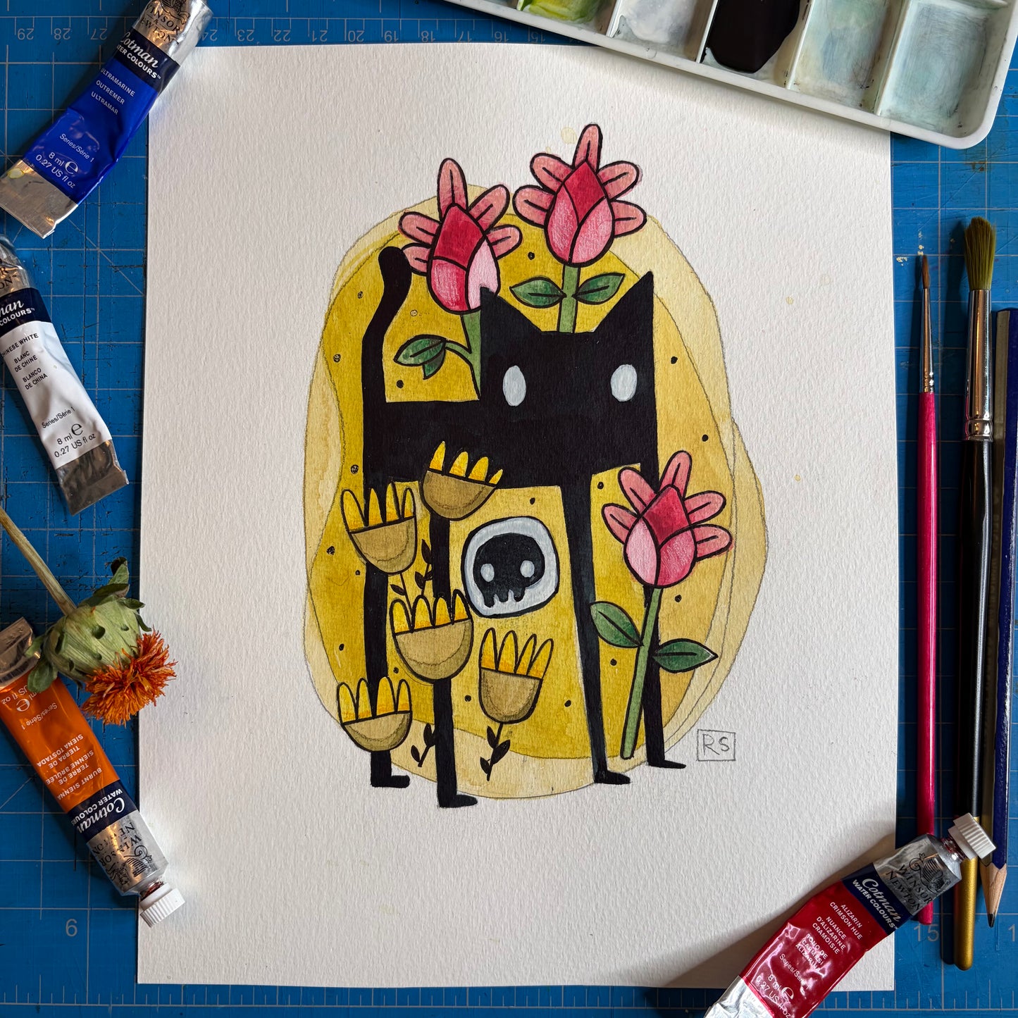 Cat in Flower Garden Illustration