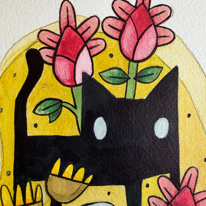 Cat in Flower Garden Illustration
