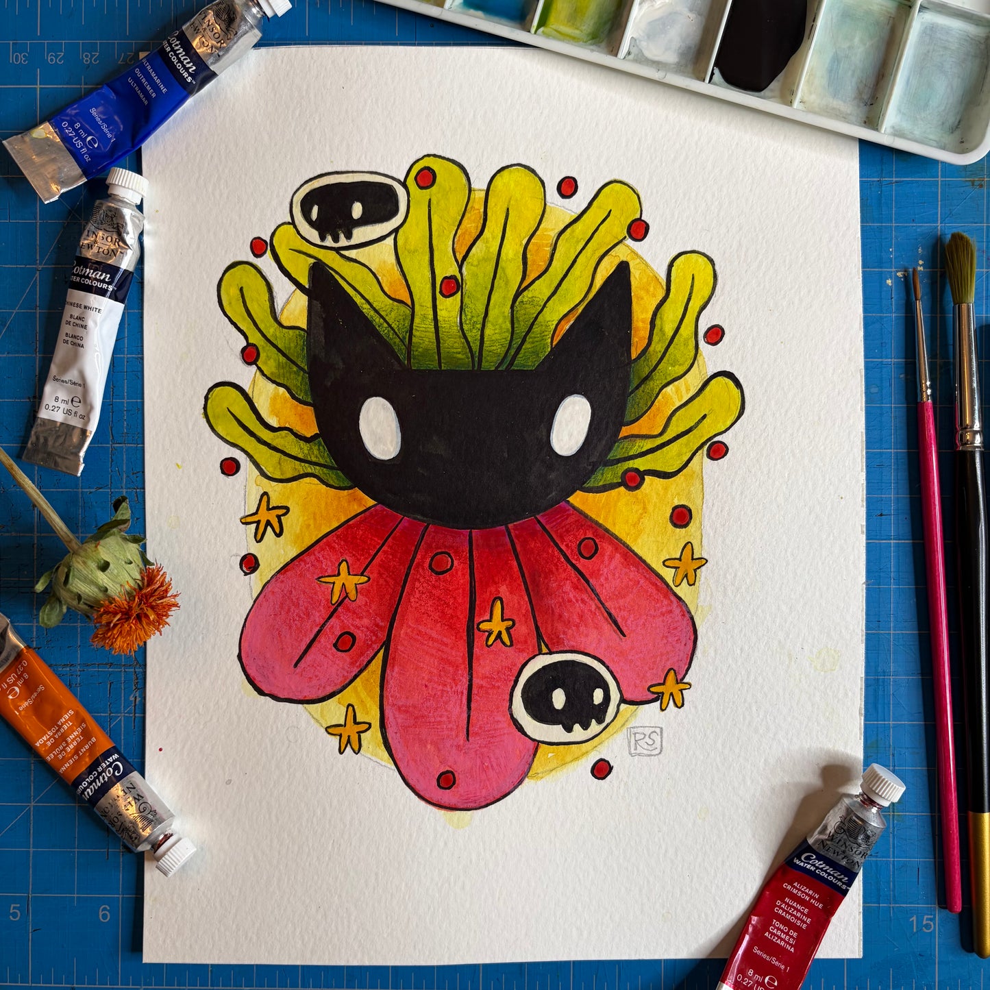Cat with Seaweed and Flower Petals Illustration
