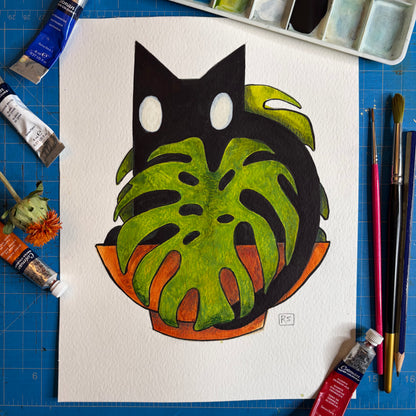 Cat with Monstera Illustration