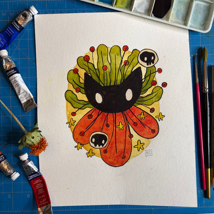 Cat with Seaweed and Flower Petals Illustration 1.0