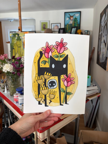 Cat in a Flower Garden 8x10 Print