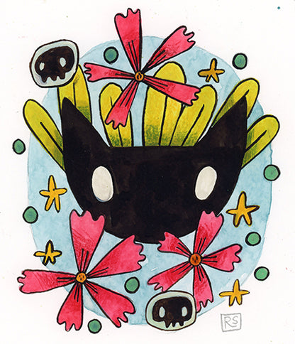 Cat with Pink Flower Illustration