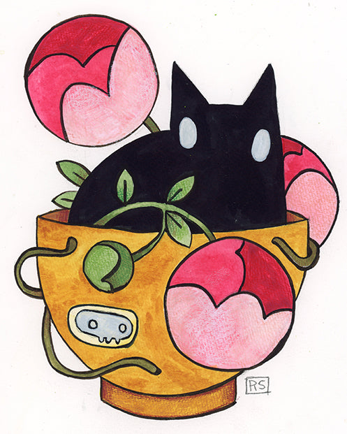 Cat with Peonies Illustration