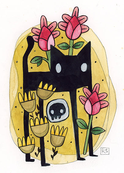 Cat in Flower Garden Illustration