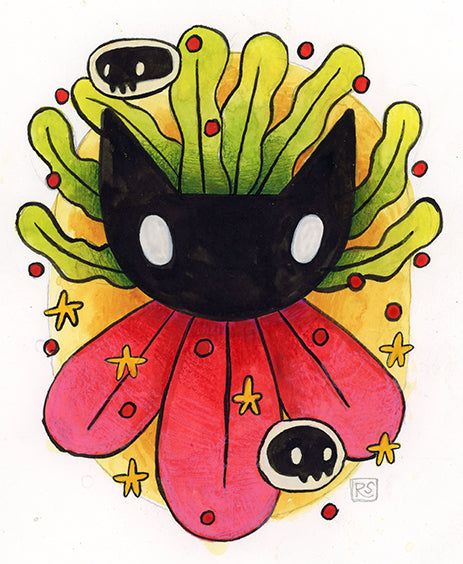 Cat with Seaweed and Flower Petals Illustration