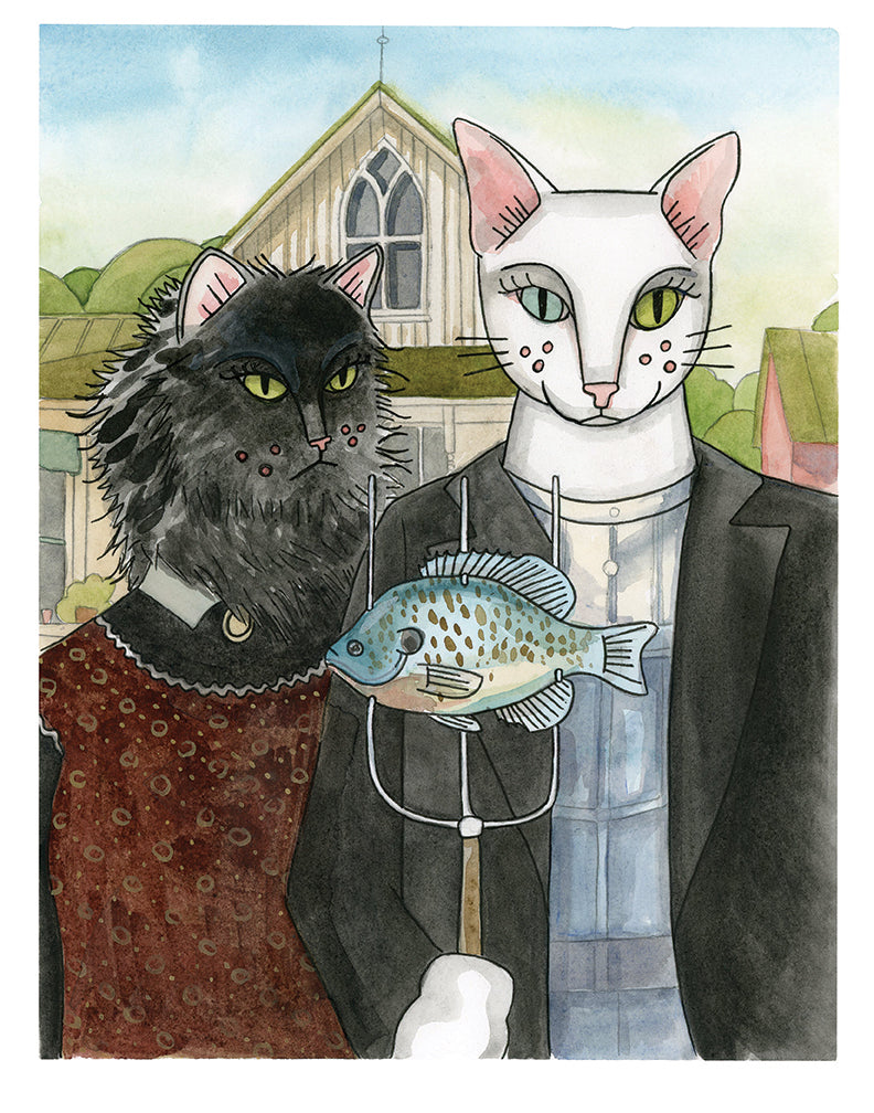 American Gothic with cats contemporary art print
